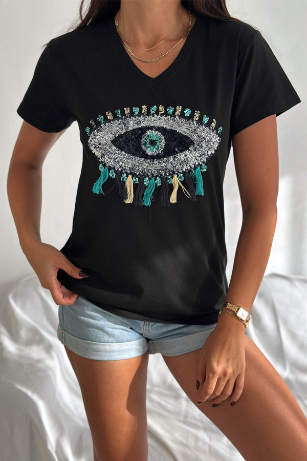 Kadın V Yaka Göz Desen Pul Payet İşlemeli Püsküllü %100 Pamuk T-Shirt - Siyah