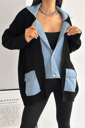 Kadın Standart Beden Çıtçıt Düğmeli Çift Cepli Kot Denim Detaylı Tasarım Oversize Triko Hırka - Siyah