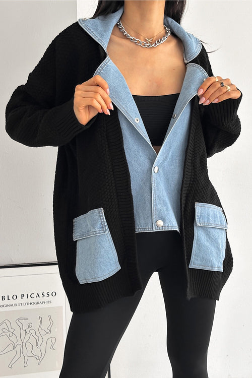 Kadın Standart Beden Çıtçıt Düğmeli Çift Cepli Kot Denim Detaylı Tasarım Oversize Triko Hırka - Siyah