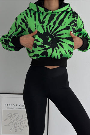 Kapüşonlu Kanguru Cepli Renkli 3 İplik Şardonlu Crop Sweatshirt - Yeşil