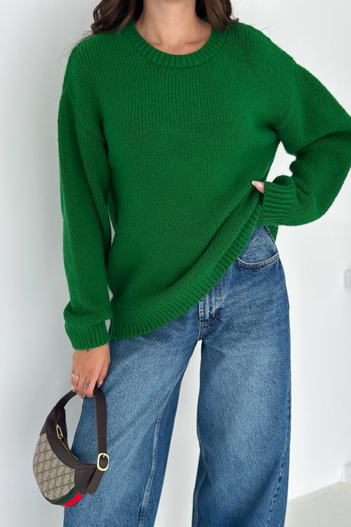 Kadın Oversize Basic Triko Kazak - Standart Beden - Yeşil