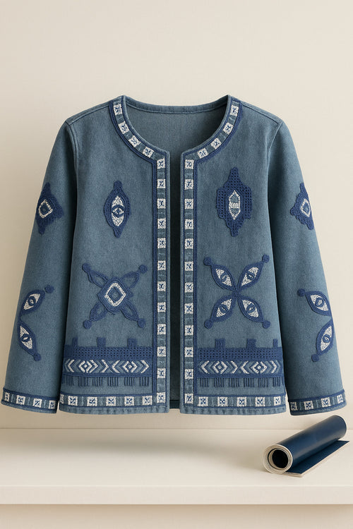 Etnik Desenli Pul Payet Nakışlı Denim Kot Ceket Vintage Bohem Tarz - Mavi