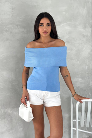 Kadın Standart Beden Madonna Pamuklu İnce Triko Bluz - Bebe Mavi