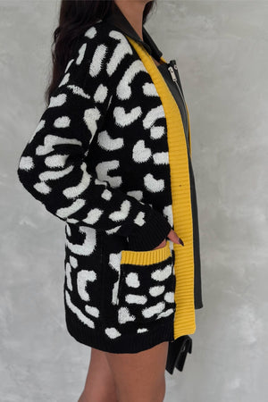 Kadın Leopar Desen Fermuarlı Derili Oversize Triko Hırka - Sarı