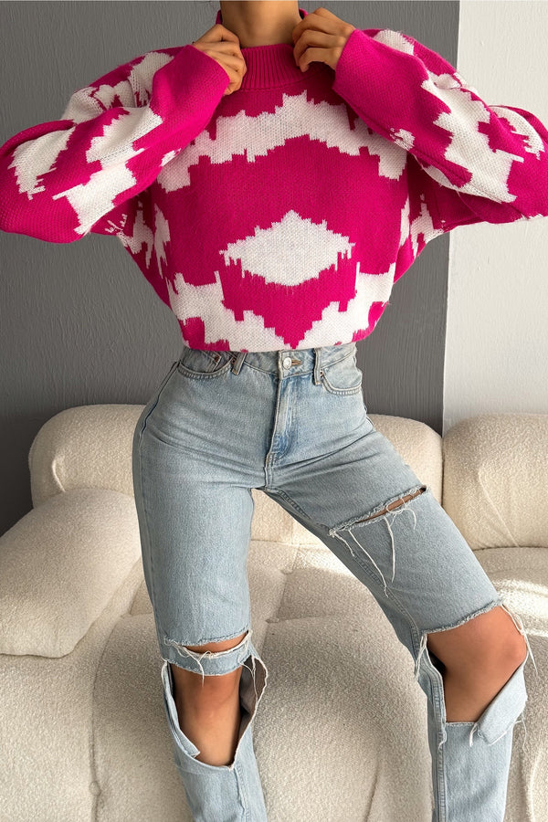 Kadın Standart Beden Oversize Triko Kazak - Pembe