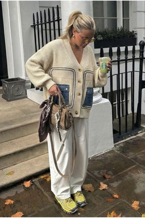 Kadın Standart Beden Düğmeli Kot Cepli Oversize Triko Hırka - Bej