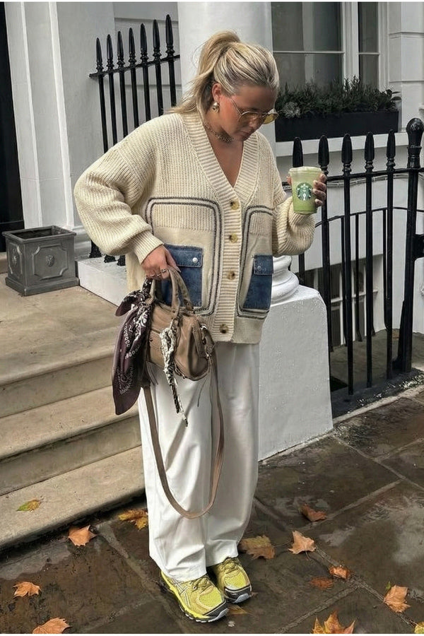 Kadın Standart Beden Düğmeli Kot Cepli Oversize Triko Hırka - Bej