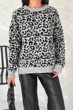 Kadın Standart Beden Leopar Desen Oversize Triko Kazak - Gri