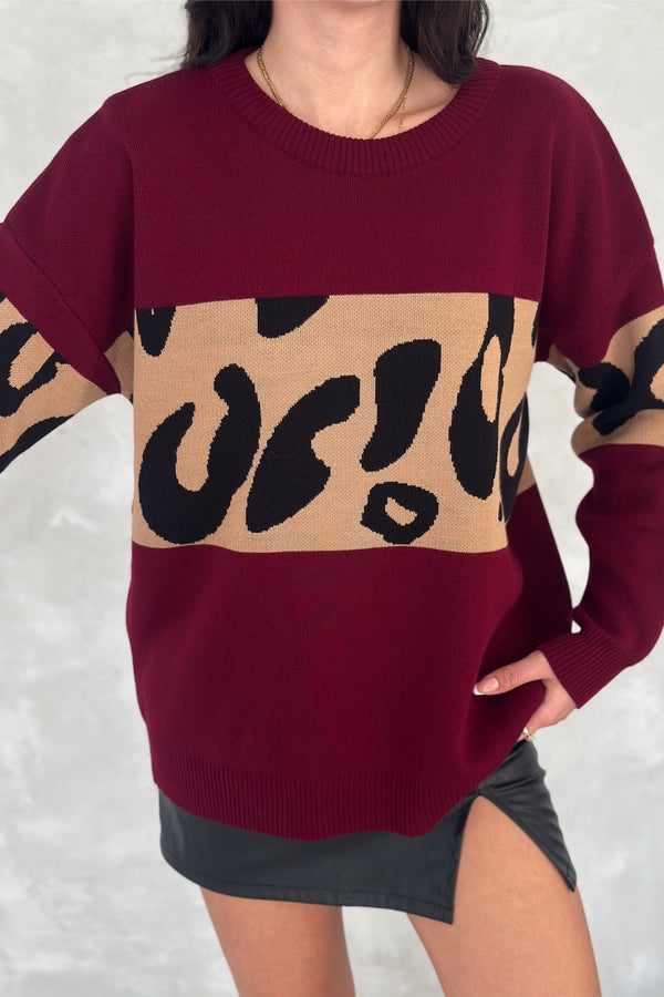 Kadın Standart Beden Leopar Desen Oversize Triko Kazak - Bordo