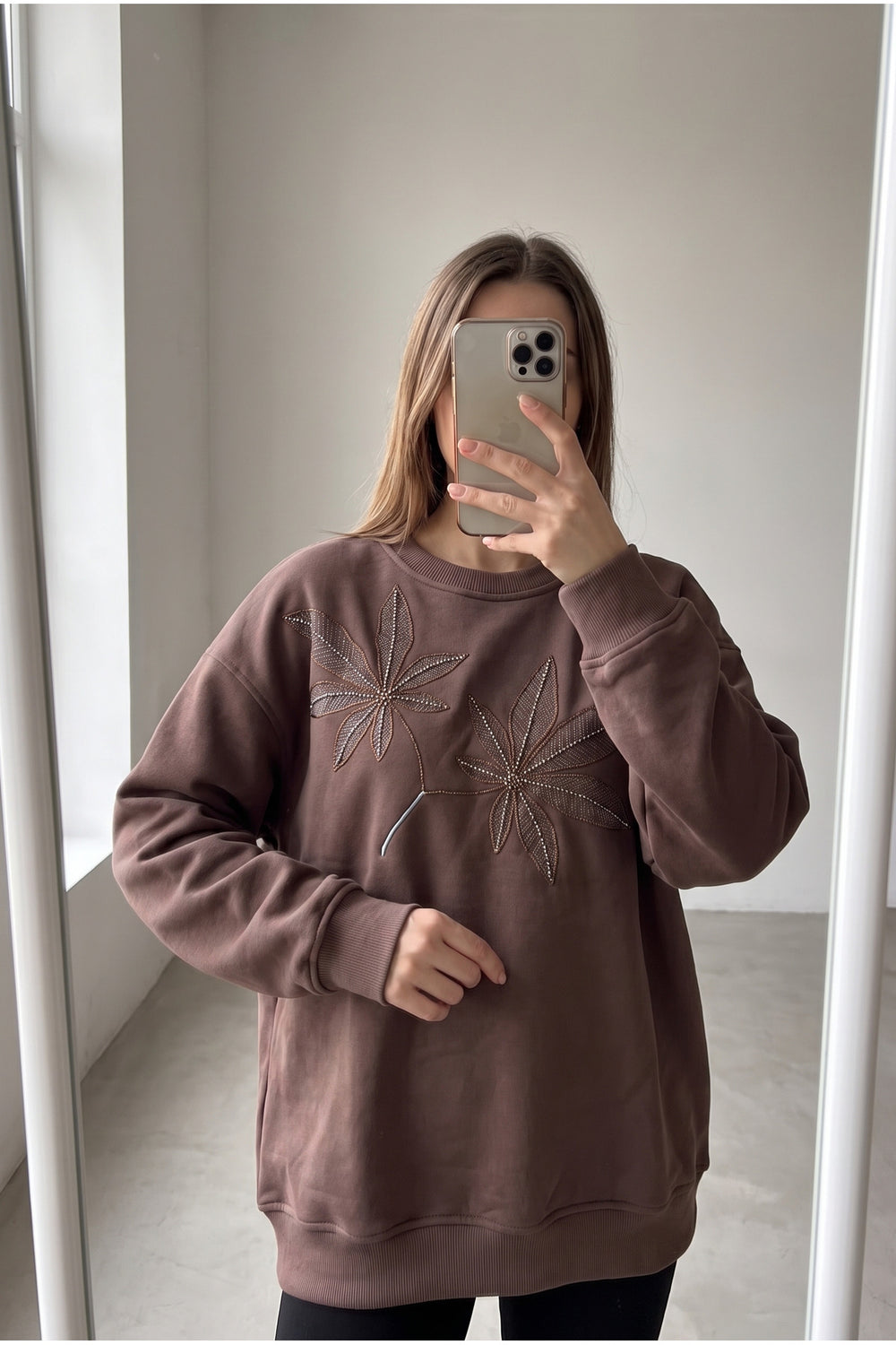 Yaprak Desen Boncuk İşlemeli %100 Pamuk Sweatshirt - Kahverengi