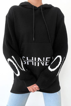 Beyaz Shine Yazılı Kollar Örme Triko Detaylı Kanguru Cepli Kapüşonlu Kadın Sweatshirt Hoodie - Siyah