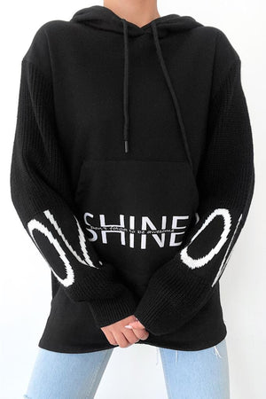 Beyaz Shine Yazılı Kollar Örme Triko Detaylı Kanguru Cepli Kapüşonlu Kadın Sweatshirt Hoodie - Siyah