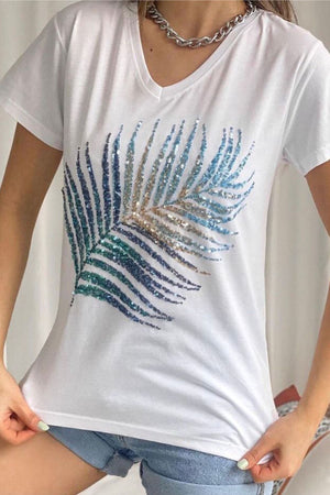 Kadın V Yaka Yaprak Pul Payet Işlemeli %100 Pamuk T-shirt - Beyaz