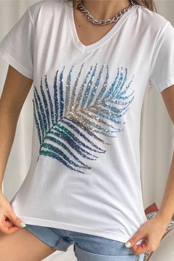 Kadın V Yaka Yaprak Pul Payet Işlemeli %100 Pamuk T-shirt - Beyaz