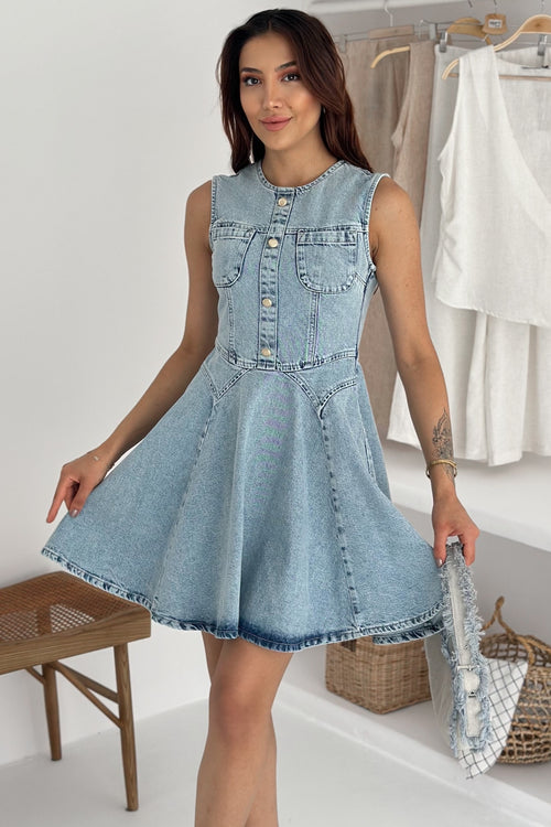 Kadın Kot Elbise Düğmeli Cepli - Mavi
