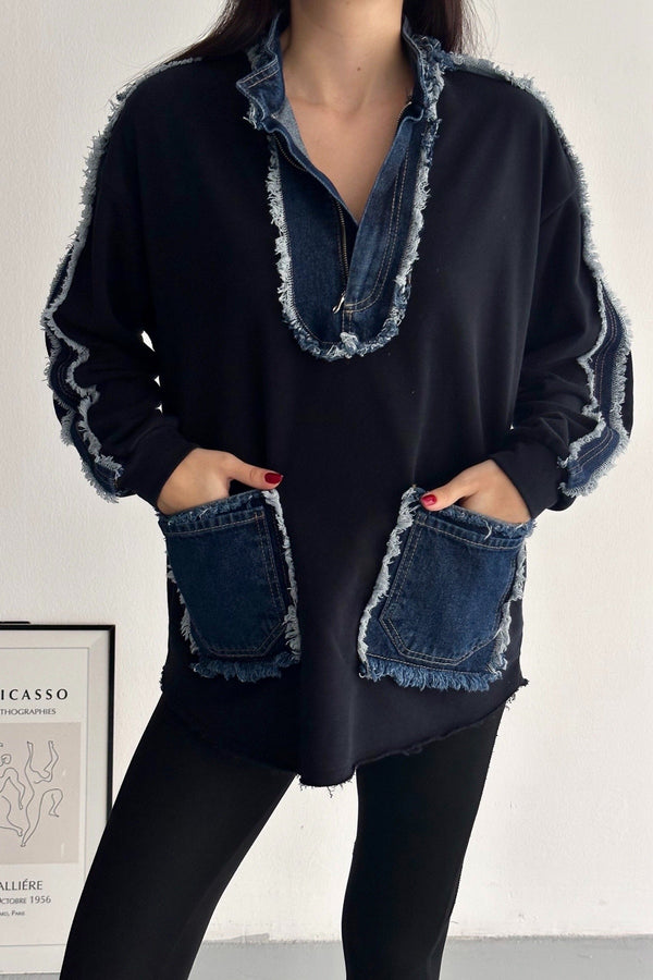Kadın Fermuarlı Cepli Kot Denim Detaylı Sweatshirt - Lacivert