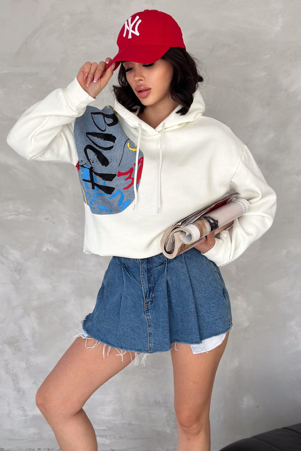 Kadın Kot Detaylı İçi Pamuklu Kapüşonlu Sweatshirt - Beyaz