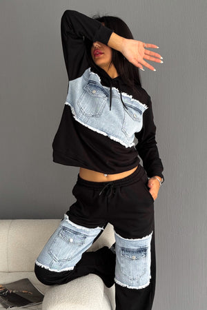 Denim Kot Garnili Cep Detaylı Kapüşonlu Alt-Üst Takım - Siyah