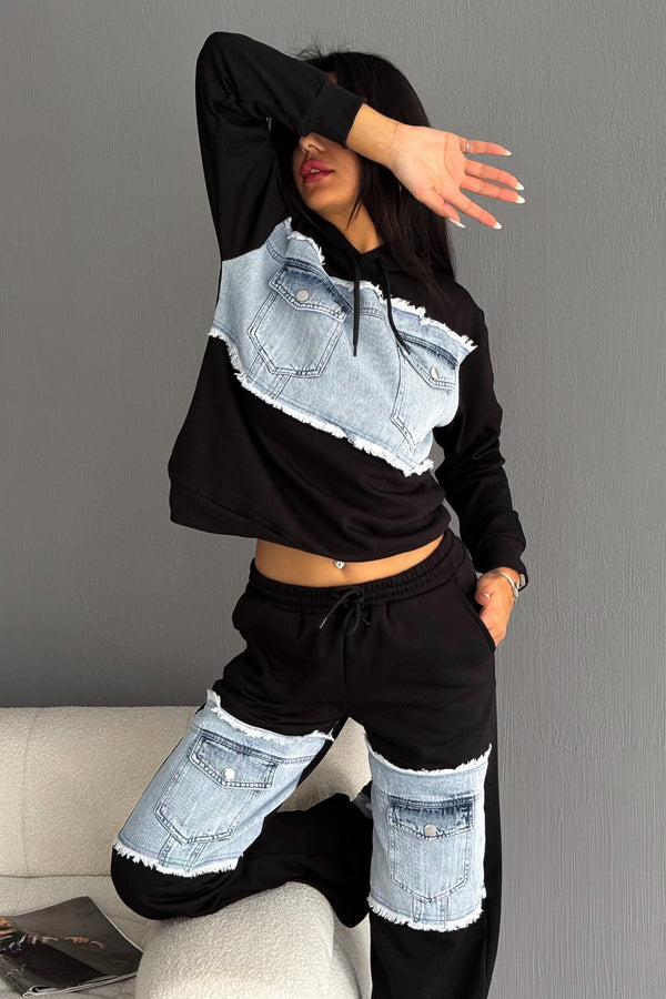 Denim Kot Garnili Cep Detaylı Kapüşonlu Alt-Üst Takım - Siyah