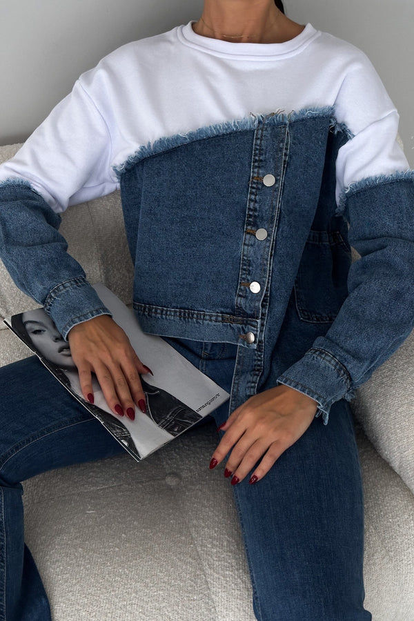 Asimetrik Düğmeli Kot Detaylı Tasarım Sweatshirt - Beyaz