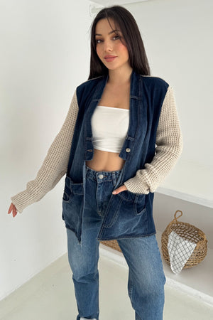 Kolları Ve Sırtı Triko Kot Denim Oversize Hırka Cepli Standart Beden - Bej
