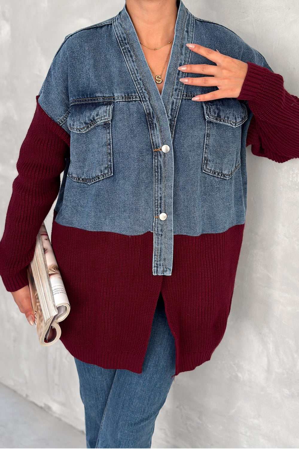 Kadın Triko Detaylı Tasarım Oversize Kot Ceket - Bordo