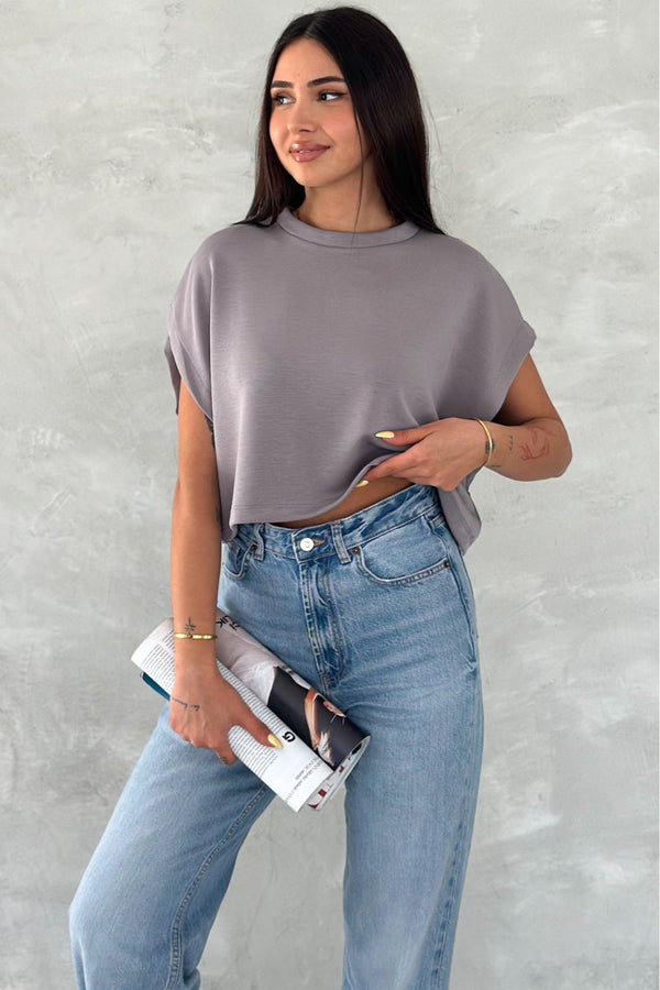 Kadın Antrasit Yuvarlak Yaka Modal Kumaş Basic T-shirt - Gri