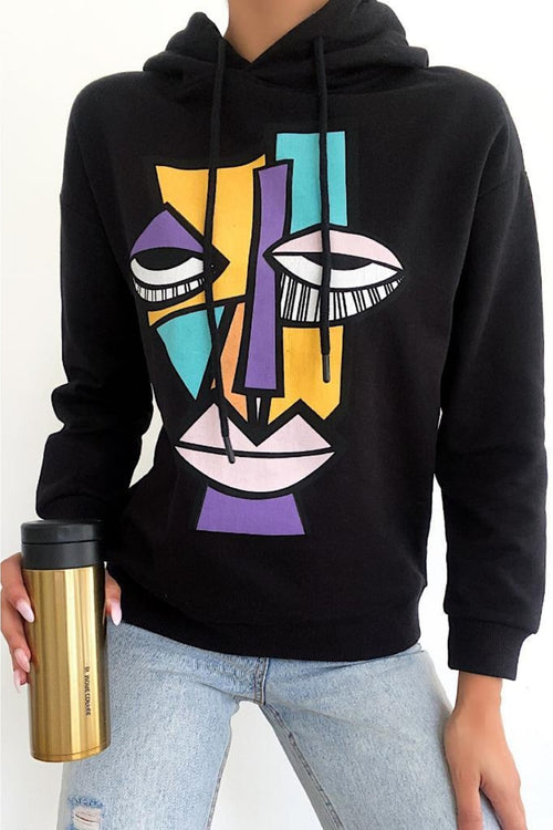 Kadın Yeni Sezon Karakter Baskılı Kapüşonlu Pamuklu Sweatshirt - Siyah