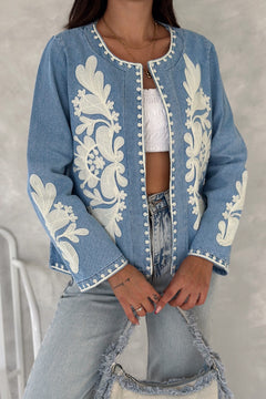 Kadın Mavi Vintage Nakışlı Kot Denim Ceket - Lacivert
