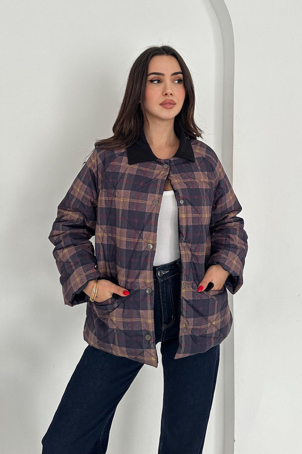 Kadın Kadife Yaka Detaylı Ekose Çıtçıt Düğme Kapitone Astarlı Oversize Mont - Lacivert