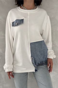 Kadın Kot Detaylı Tasarım Sweatshirt - Beyaz