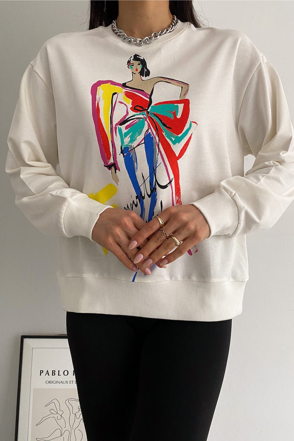 Kadın Yeni Sezon Baskılı İçi Pamuklu Sweatshirt - Beyaz