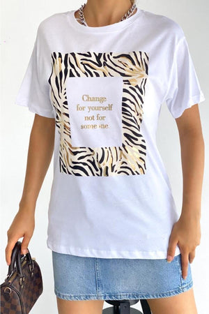 Kadın Bisiklet Yaka Varak Baskılı Pamuk T-shirt - Beyaz