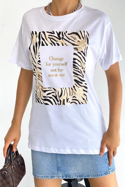 Kadın Bisiklet Yaka Varak Baskılı Pamuk T-shirt - Beyaz