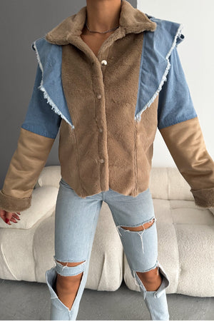 Kadın İçi Süet Denim Kot Detaylı Çıtçıt Düğmeli Mont - Bej