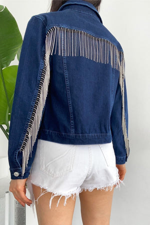 Kadın Sırtı Püsküllü Tasarım Denim Kot Ceket - Mavi