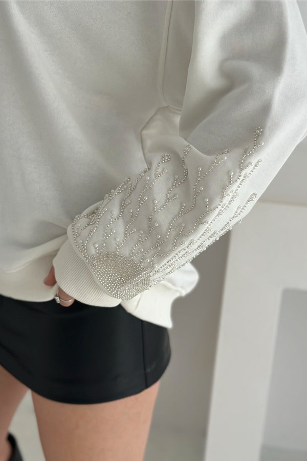 Kolları Boncuk Ve Taş İşlemeli %100 Pamuk Sweatshirt - Beyaz