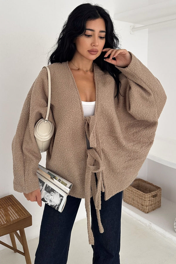 Bürümcük Bağlamalı Oversize Hırka Yarasa Kol Standart Beden - Vizon