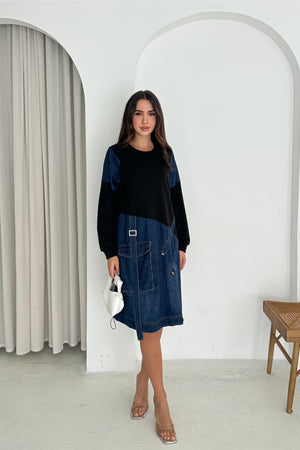 Kadın Sweat Denim Patchwork Elbise Oversize Cepli Büzgülü %100 Pamuk Spor Elbise - Lacivert