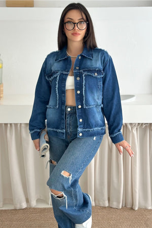 Kadın Saçaklı Dikiş Detaylı Oversize Denim Kot Ceket - Mavi