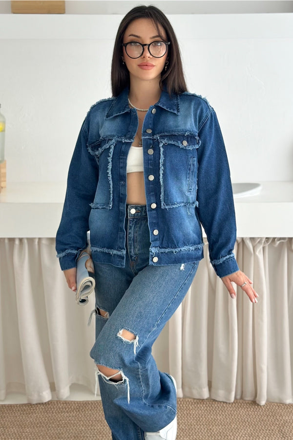 Kadın Saçaklı Dikiş Detaylı Oversize Denim Kot Ceket - Mavi