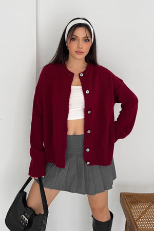 Yanı Yırtmaçlı Düğmeli Oversize Triko Hırka Standart Beden - Bordo