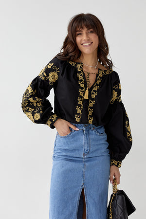 Kadın Püsküllü Nakış İşlemeli Vintage Bluz - Siyah
