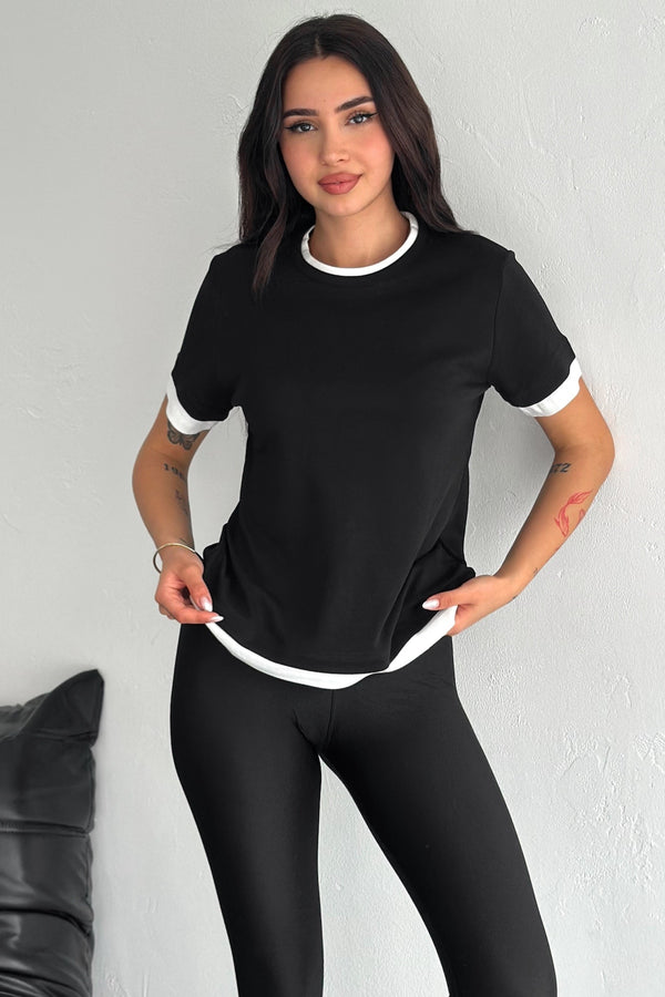 Kadın Yuvarlak Yaka Şerit Detaylı %100 Pamuk T-shirt - Siyah