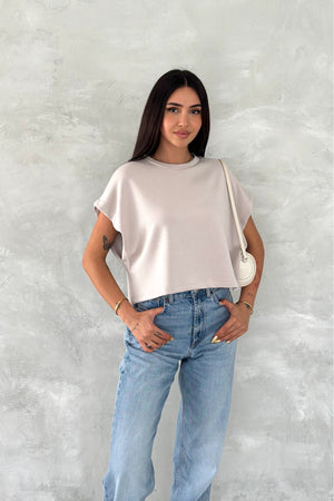 Kadın Yuvarlak Yaka Modal Kumaş Basic T-shirt - Bej