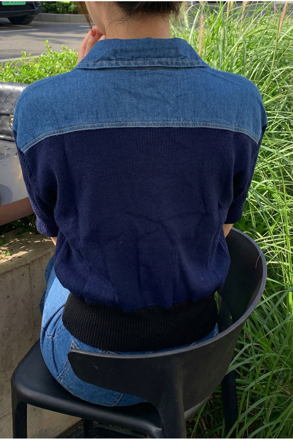 Kadın Yakası Kot Çıtçıt Düğmeli Omuzları Kot Cep Kapaklı Düğmeli Örme Triko Hırka - Lacivert