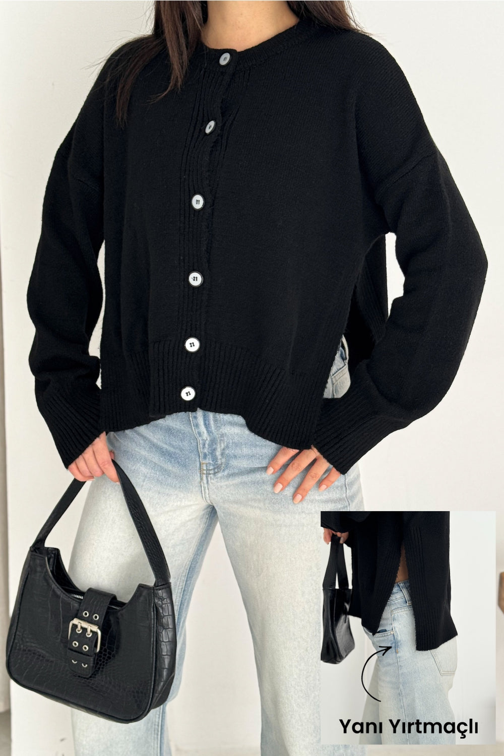 Yanı Yırtmaçlı Düğmeli Oversize Triko Hırka Standart Beden - Siyah