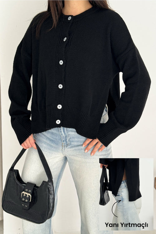 Yanı Yırtmaçlı Düğmeli Oversize Triko Hırka Standart Beden - Siyah