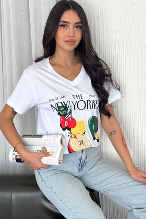 Kadın V Yaka New York Baskılı %100 Pamuk Tişört - Beyaz