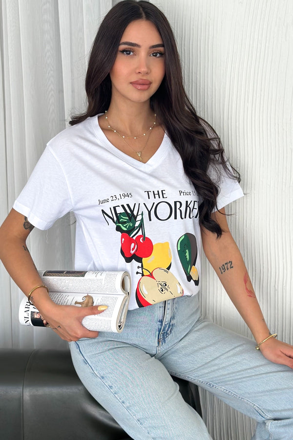 Kadın V Yaka New York Baskılı %100 Pamuk Tişört - Beyaz